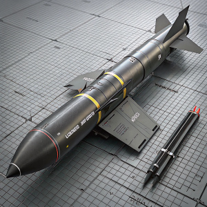 High-tech rendering of Raduga Kh-41 missile. Dark gray body, black nosecone. Displayed on a grid pattern background, showcasing intricate design.
