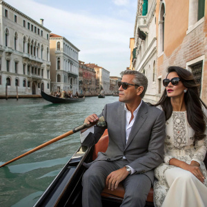 George Clooney and Amal Alamuddin on a gondola in Venice. George in a gray suit and sunglasses. Amal with dark skin, wearing sunglasses. Reflective water, gondolier, and historic buildings in the background.
