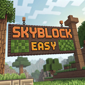 A pixelated banner featuring the text 'Skyblock Easy' in a Minecraft themed environment.