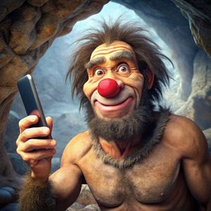 neanderthal with a clown nose and cell phone in his hand in a cartoon cave