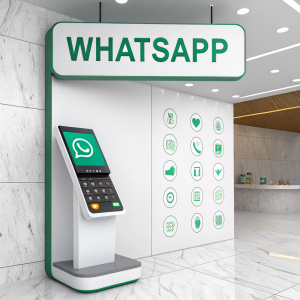 Advertisement for WhatsApp, featuring sleek design with phone number and payment icons. Modern digital interface.