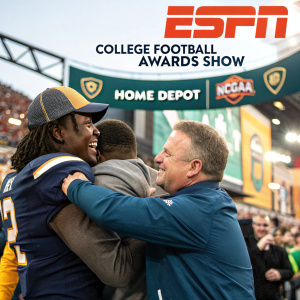A promotional image for the ESPN College Football Awards Show. Various athletes hugging and celebrating. Sponsored by Home Depot and NCGAA.