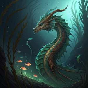 A digital illustration of the Kelp Forest Dragon, a mythical creature with green and brown scales, in a dark underwater cavern. The dragon's long, wavy body and flowing mane and tail create an illusion of movement. Its sharp, focused head and muscular body add to its majestic appearance.