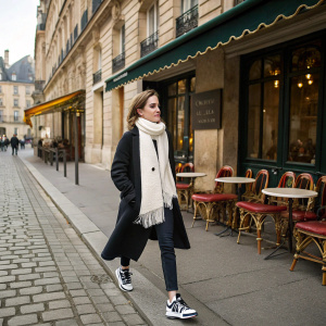 Emma Watson, casual outing in Paris. Black coat, white scarf, and sport shoes. Walking past cafe and historic architecture.