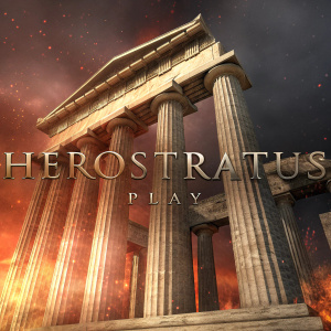 Digital artwork showcasing the Herostratus play logo. Inspired by ancient Greek columns and a fiery backdrop, giving it a textured, aged look.