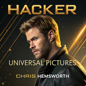 DVD cover for the movie Hacker, featuring Chris Hemsworth in a stern look. Dark background with golden highlights. Universal Pictures logo and DVD label prominently displayed.