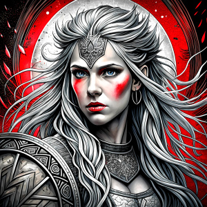 shieldmaiden perfect realistic art, high-definition, high-definition grey and black, white background 