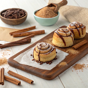 Advertisement for Cinnabon Stix. Cinnamon sticks on a wooden surface, covered in cane sugar and chocolate. Dessert display