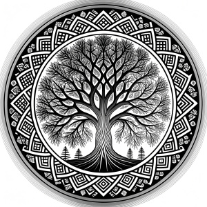 Nordic yggdrasil trees pattern vegvisir symbol –  high-definition design grey and black, realistic tattoo design, white background