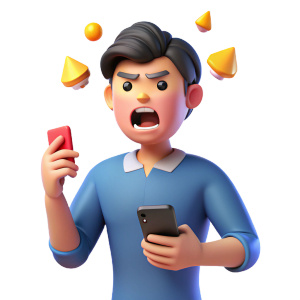 Young angry man-scammer. Danger notification icons flying around.
 3d vector people character illustration. 3D Cartoon minimal style. Happy people holding smartphone in hand
