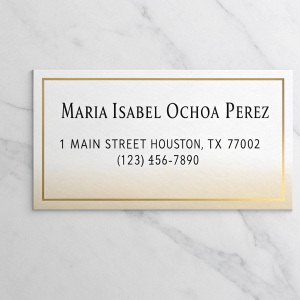 Professional business card for Maria Isabel Ochoa Perez. Address: 1 Main Street, Houston, TX 77002. Phone: (123) 456-7890