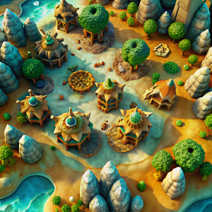plastic dark figure of an orc village, low poly, top view, top view