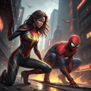 Digital art showcasing Jessica Drew, aka Spider-Woman, in combat stance. Peter Parker, aka Spider-Man, crouched beside her, ready for action. Both characters depicted in vivid detail with intricate lighting and shadows. Background features a dystopian cityscape.