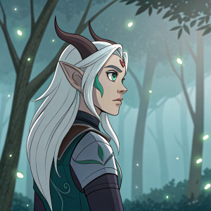 Rayla, the protagonist of The Dragon Prince, with her long white hair flowing gracefully. Pale skin, pointed horns, and intense, focused gaze. She stands alone in a mystical forest clearing, surrounded by glowing magical symbols and ancient runes.