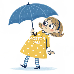 Cartoony Morton Salt character with a blue umbrella. Wearing a yellow polka dot dress. Brand name 'Morton Salt' on her dress.