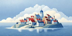 White illustration, Rene magritte style, isolated surrealistic collage of a lot of old Belgian houses and trees on island, huge ocean and big sky, light pastel colors, asymmetrical composition, zoom out view, grainy texturing paper