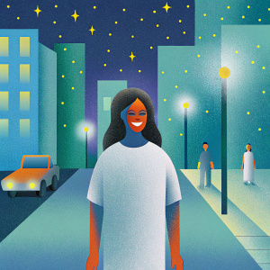 Aubrey Plaza, with a radiant smile, wearing a simple white t-shirt. The background is a vibrant city street at night.