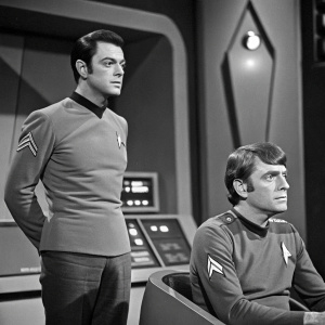 Black and white photograph of a Star Trek themed skit on SNL. Actor in Starfleet uniform standing confidently, another in uniform sitting anxiously. Futuristic control panel in background.