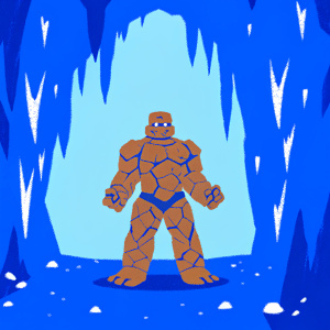 Digital art depicting a stone golem from ninja fantastic 4 series. The golem, composed of rugged, earthy material with vines and moss, stands dynamically in a gloomy cavern, surrounded by stalactites.