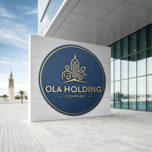 Modern corporate logo design for Ola Holding Company, Saudi Arabia. Logo features sleek, blue and gold colors with clear Arabic script.