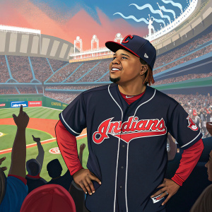 Jose Ramirez, baseball player, in a vibrant stadium. Wearing Cleveland Indians jersey. The background showcases fans and the baseball field.