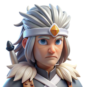 A warrior with two scars across his eyes, blinding him. He has a white feathered crown on his head, with long flowing white hair. He is stoic and strong, with a sword strapped to his back