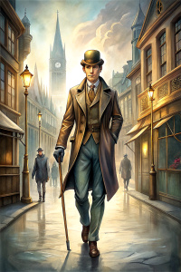 Sherlock Holmes in his deerstalker hat, with a cane, walking speedily through a street of Victorian London