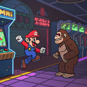 Mario and Donkey Kong, pixel art style. Neon colors. Arcade game screen. 8-bit design.
