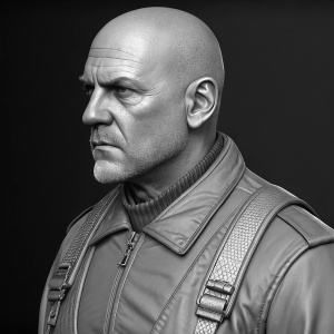 Gary Riley, a character with a bald head and stern look, featured in a detailed 3D model. Focus on upper body. Rendered in monochrome.
