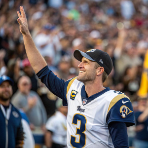 Greg Zuerlein, dressed in LA Rams jersey, making a high-five gesture. The crowd in the background is a blur, capturing the intensity of the game.