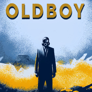 Movie poster for 'Oldboy'. Grayscale art style. Man in a suit and gas mask, amidst chaotic scenes. Title 'OLDBOY' in bold sans-serif font, evoking a comic book or graphic novel vibe