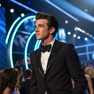 Drake Bell, looking sharp in a black tuxedo, stands out in a crowded award show. Blue and white neon lights illuminate the stage.