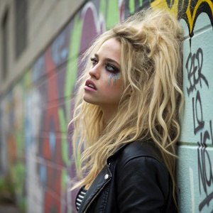 Alexis Knapp, with messy blonde hair and quirky makeup, standing against a graffiti-covered wall.