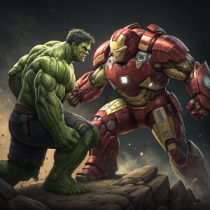 Hulk and Hulkbuster in epic battle stance. Hulk's muscular green form contrasts against dark background. Hulkbuster, massive red and gold armor, looms over Hulk. Dynamic pose, inspired by Marvel comics.
