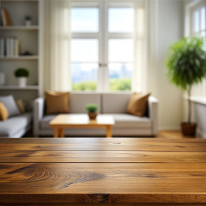 image of an empty wooden desk and an out-of-focus living room in the background