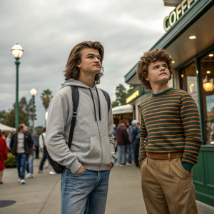 Joe Keery and Gaten Matarazzo in casual wear. Outside a bustling coffee shop. Background filled with people walking