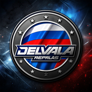 word "DELVALA" fast racing style logo in circle with russian flag