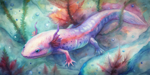 abstract axolotl, side view, seen from a distance, full body with colorful background.
