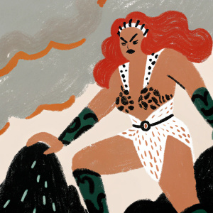 Digital illustration of a fierce female superhero, inspired by DC Comics Bombshells. Caucasian, with flowing red hair, and a powerful stance. She is dressed in a vibrant, white top adorned with intricate leopard print. Earthy, pastel background