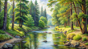 pencil drawing on paper forest river, nature