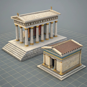 Digital 3D model of Minoan architectural set from Assassin's Creed Odyssey. Grey and beige stone modules for building structures on a neutral grey grid background