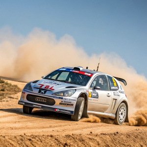 Silver Peugeot 206 rally car, adorned with numerous sponsor logos, racing on a dusty track under a clear blue sky.