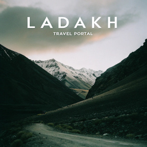 Digital marketing campaign for Ladakh travel portal. Features stunning landscape photo of snowy peaks, prominent display of URL and social media handles. Ad emphasizes adventure tourism, accommodation deals.