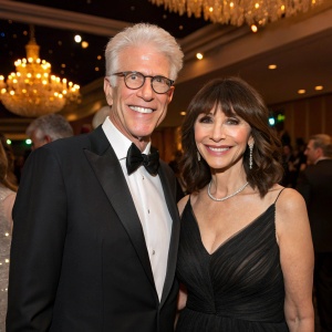 Ted Danson and Mary Steenburgen at a gala event. Ted, with his distinguished hair and glasses, smiles alongside Mary, who beams happily.