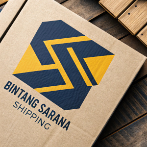 Modern logo design for Bintang Sarana Shipping. Geometric shapes in dark blue and bright yellow on a textured cardboard backdrop.