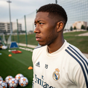 David Alaba, soccer star, intense look, wearing Real Madrid jersey. Training ground, surrounded by soccer balls and equipment.