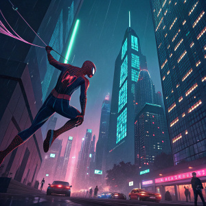 Spider-Man swinging through a futuristic city at night. Neon lights, skyscrapers, detailed webbing