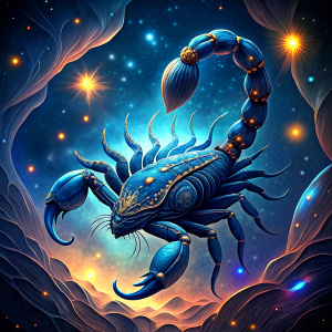  	

scorpion 
 Zodiac Constellation, set in the vast and majestic universe, radiating with a shimmering and ethereal glow, positioned among a sea of stars in the cosmic expanse. Illuminated by celestial radiance and cosmic rays, created by a master of cosmic artistry in a surreal and otherworldly style, using digital painting as the medium for an astrological illustration. The color scheme features deep indigo and gold, with high-definition digital rendering to capture museum-quality detail