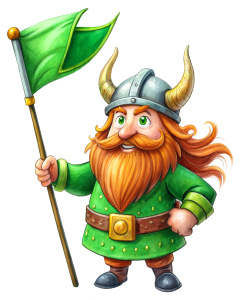 nice viking game dwarf, illustration, lifting a green flag, vintage cartoon effect, white background