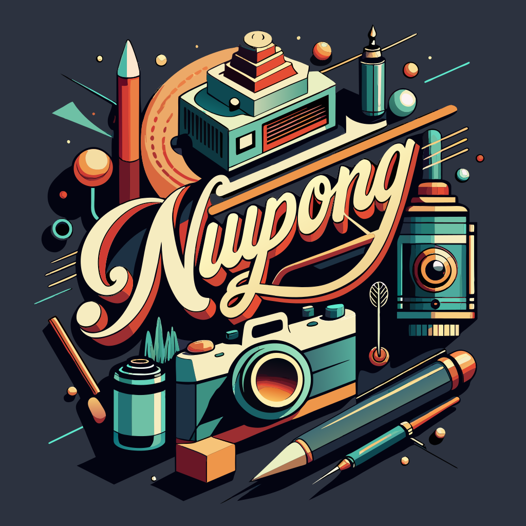 Make Modern Stylish Typography hand writing  text "Naypong Studio" with the small ," icons, dark, camera, Colors design on white background

